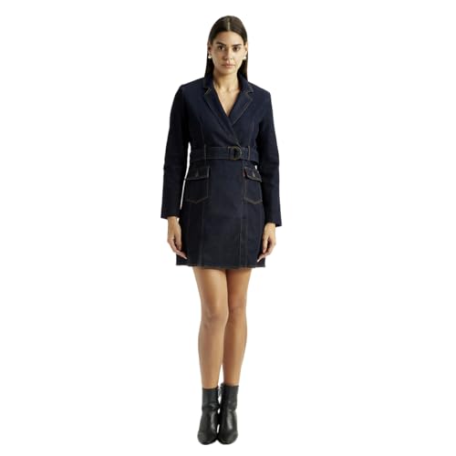 Women's Solid Dark-Blue Notched Lapel Dress