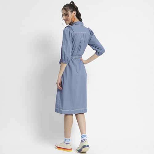 Madame Cotton Blend Belted Waist Blue Midi Shirt Dress for Women