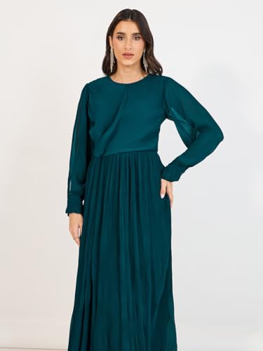 Styli Women Solid Round Neck Long Sleeves A-Line Maxi Dress | Navy Blue | Elegant & Flattering Fit | Perfect for Casual, Semi-Formal, and Formal Occasions | Zip Closure for Secure Fit
