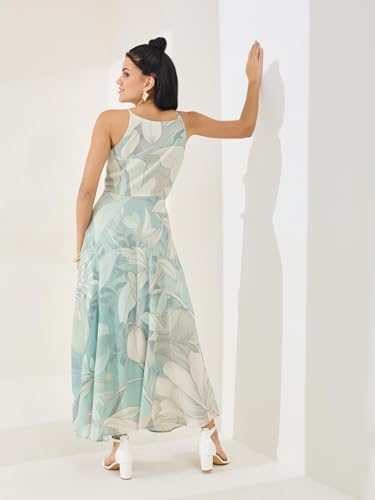 Latin Quarters Women's Green Printed Strappy V-Neck Casual Fit & Flared Dress_XL