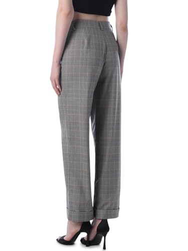 ONLY Women's Checked Straight Fit High-Rise Grey Pants