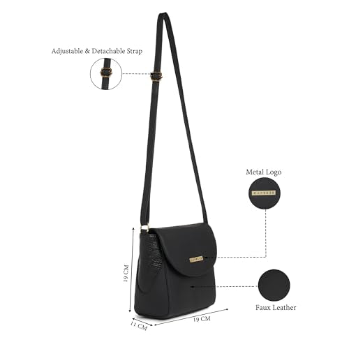 Caprese Vani Medium Sling Bag for Women with Adjustable Strap, Zipper & Magnetic Button Closure | Versatile Handbag with Back Zip for Everyday Use, Travel, and Special Occasions (Black)