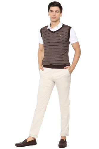 Louis Philippe Men Brown Stripe V Neck Sleeveless Sweater