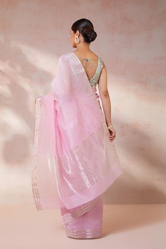 Taneira Women Pink Woven Pure Silk Cotton Chanderi Saree with Unstitched Blouse Piece (SHH08G00130-Light Pink)