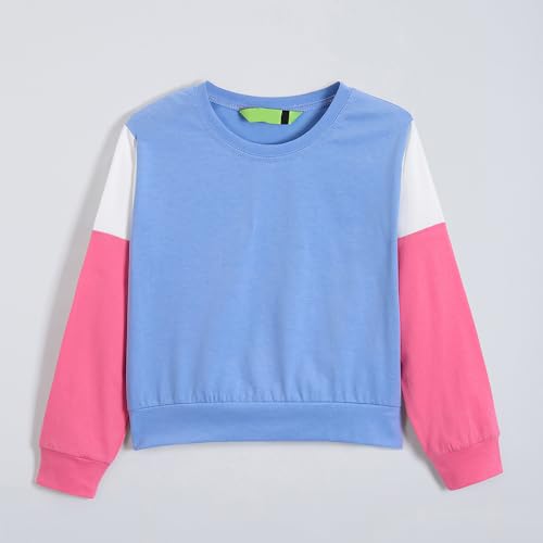 Hopscotch Girls Blue Full Sleeves 2-Pc Colourblock Cotton Jogger Set For Age (3-4 Years)