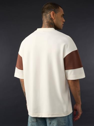 The Souled Store Colourblock T-Shirt: Rocky Road Men and Boys Short Sleeves Round Neck Brown Casual Lightweight Drop Shoulder Streetwear Trendy Super Oversized T-Shirts