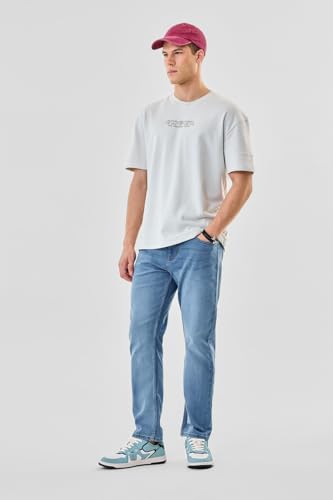 SNITCH Men Jeans | Relaxed Fit Mid Rise Straight Leg | Cotton Blend with Medium Stretch & Stone-Wash Design for Casual Wear & Everyday Comfort | Light Blue