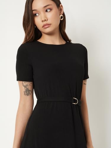 Max Women Textured A-line Belted Dress (Black_S)