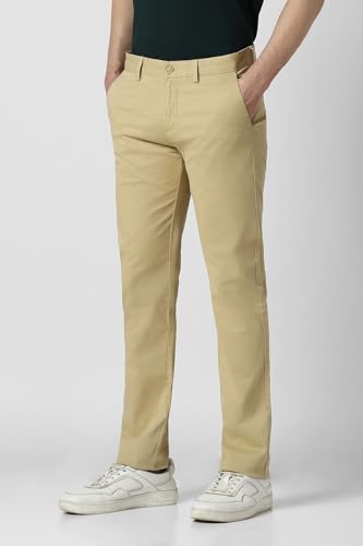 Men Beige Solid Super Slim Fit Casual Trousers