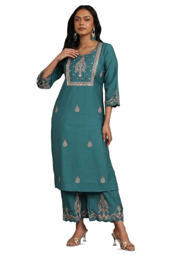 Soch Womens Turquoise Blue Chanderi Ethnic Motifs Zari Embroidered Kurta Set With Sequins