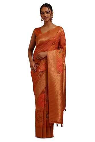 Soch Womens Orange Dola Silk Floral Zari Woven Saree