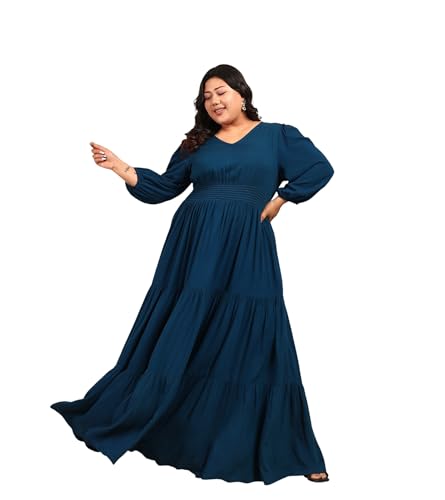 DEEBACO Women's Plus Size Solid Rayon Tiered Maxi Dress|3/4 Sleeve|V-Neck|Casual Trending Stylish Long One Piece Dresses Women Western(DBDRP00002316_4XL_Teal Blue)