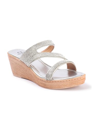 Carlton London Women Silver Comfortable Embellished Ethnic Sandal with Wedge Heels, Round Toe for Casual Use, Office and Daily Use (40)