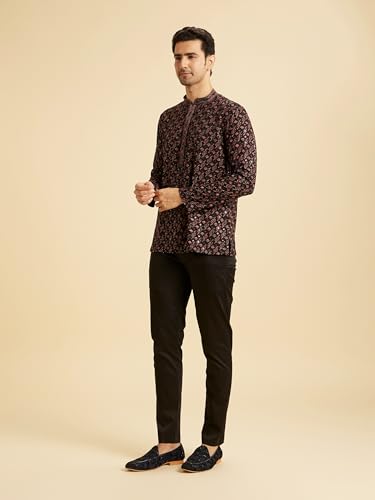 Manyavar Men's Viscose Chikan Embroidery Short Kurta (Black,L)