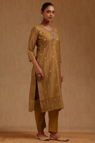 Soch Womens Gold Chanderi Floral Kurta Set With Cutdana