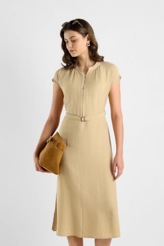 Women Beige Solid Knee Length Casual Dress