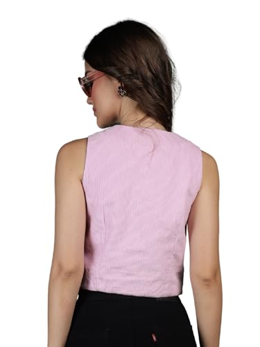 BIRDIE Women’s Corduroy Sleeveless V-Neck Waistcoat | Stylish Layering Top | Casual Office Wear (Baby Pink, L)