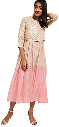 Max Women Printed Midi Dress with Sheen Top (IIFE21MX8_Peach_S)