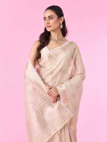 MOHEY Women's Art Silk Stone Work, Woven & Cutdana Work Saree with Blouse Piece (Cream)