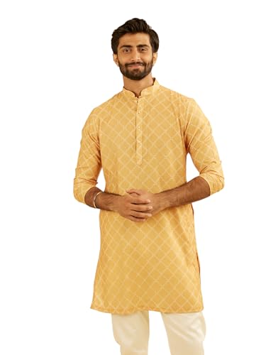 Manyavar Men's Cotton Blend Printed Mid Length Kurta(Mustard,L)