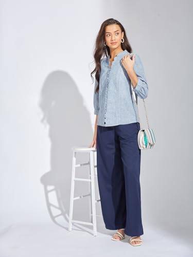 Latin Quarters Women Blue Solid Shirt with Mandarin Collar & Full Sleeves | 100% Polyester Regular Fit Button-Down Top for Casual Wear