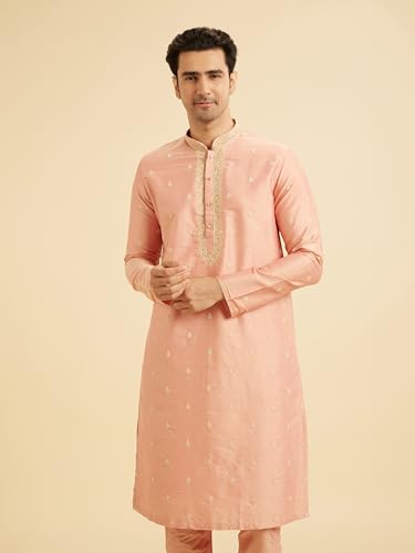 Manyavar Men's Viscose Blend Embellished Kurta Set (Peach,XL)