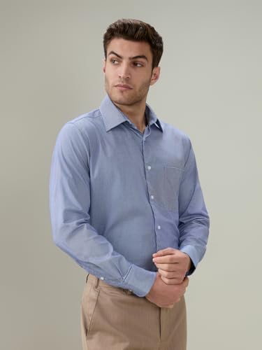Raymond Men Slim Fit Structure Pattern Pure Cotton Cut Away Collar Full Sleeve Formal Shirt Blue