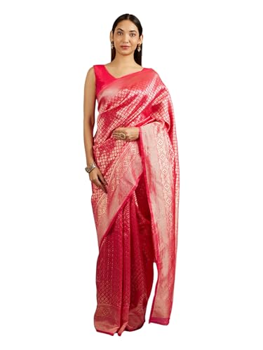 MOHEY Women's Art Silk Floral Buta Patterned Woven Saree with Blouse Piece(Rani)