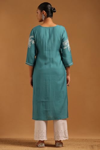 Soch Womens Teal Desert Storm Botanical Kurta with Machine Embroidery and Thread Work