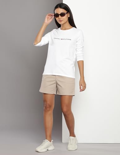 Tommy Hilfiger White Cotton Embroidery Round Neck Full Sleeves Regular Fit Women T-Shirt (F23HWKT126) Size-XL