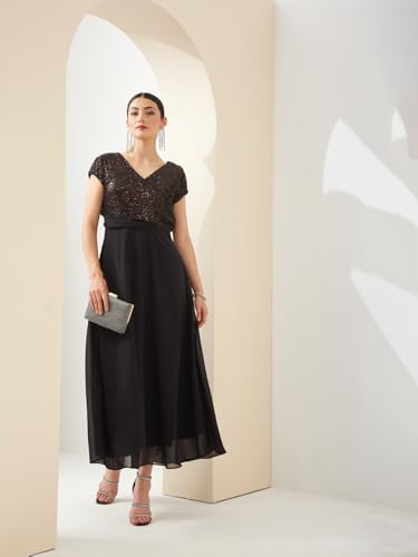 Latin Quarters Women Black V- Neck Short Sleeves A-Line Sequined Party Dress_XXL