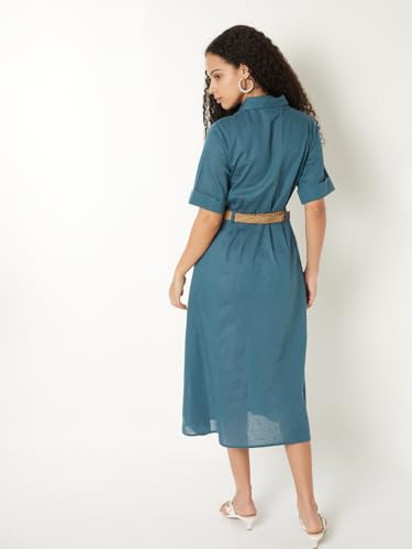 Max Kalki x Max Women Solid Shirt Midi Dress with Belt (Teal_L)