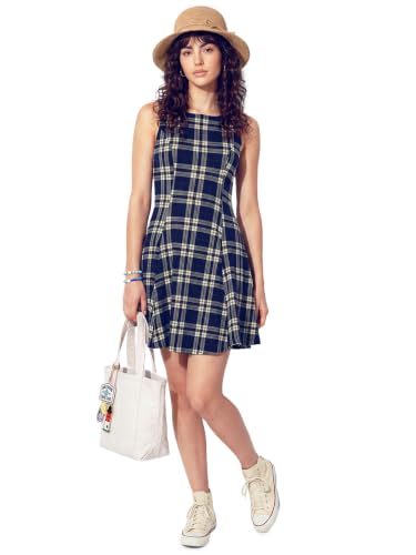 Max Women Plaid Fit & Flare Dress (Blue_XL)