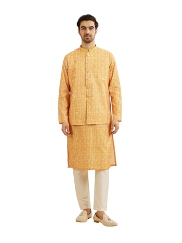Manyavar Men's Art Silk Printed | Thread Work Kurta Jacket Set (Mustard,XXXL)