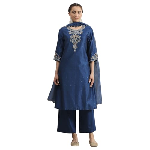 Biba Women's Silk Blend Kurta, Bottom, Dupatta (SKDDBRI30567AW25BLU