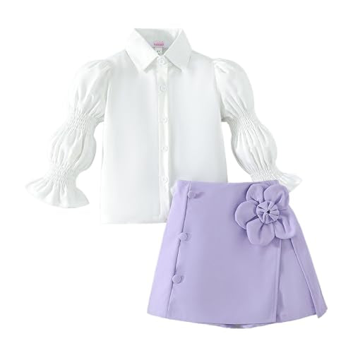 Hopscotch Girls Full Sleeves White 2-Pc Floral Applique Blouse & Skort For Age (5-6 Years)