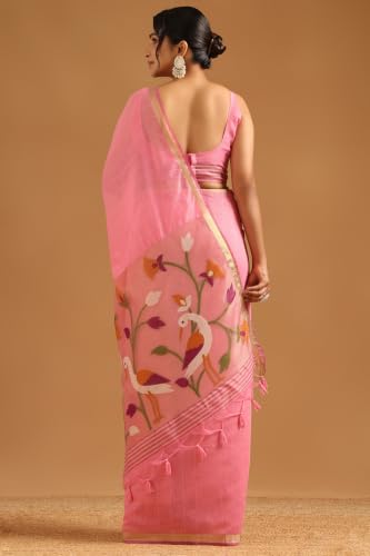 Soch Womens Pink Organza Brocade Bird motifs Saree