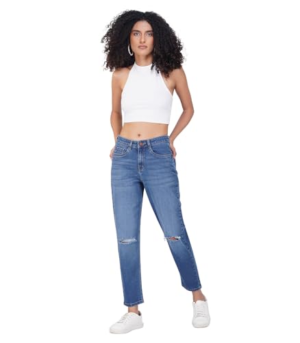 i'sol Willow Stylish Boyfriend Fit Jeans for Women and Girls||High Waist||Mom Fit||Stretchable Denim for Women||Fashionable Ribbed||Ankle Length Pants||Size 28