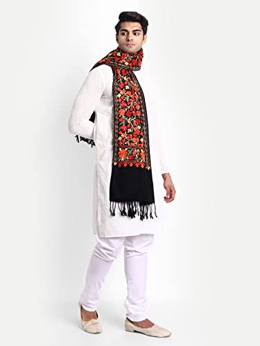 Zamour Men's Traditional Kashmiri Lohi Stole Punjabi with Embroidery Patterns 80 inches x 30 inches (Black)