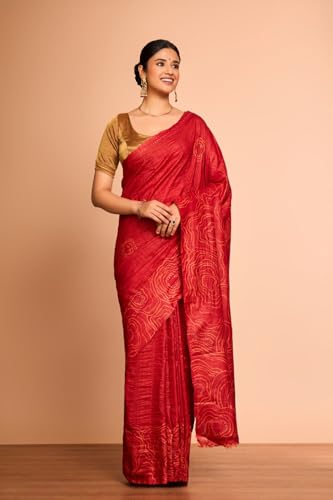 Taneira Women Red Batik Pure Tussar Silk Bengal Saree with Unstitched Blouse Piece (SAIH01AC2160-Red)
