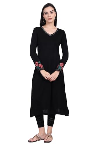 W for Woman Black Embroidered A-Line Acrylic Kurta (W13440-223871-M)