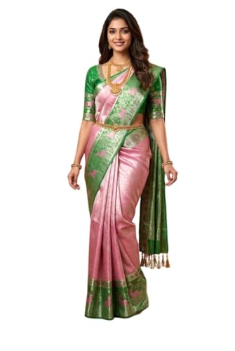 VFCollections Women's Traditional Handloom Kanchipuram Silk Pure Pattu Sarees | Rich Zari Woven Design | Bridal Saree | Unstitched Blouse (VFC723-8)