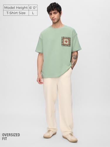 The Souled Store Ottoman T-Shirt: Indie Weave Men and Boys Short Sleeves Round Neck Green Embellished Cotton Blend Oversized T-Shirts