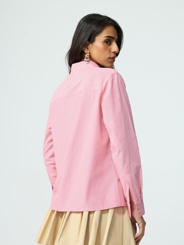 The Souled Store Sakura Dust: Women and Girls Full Sleeves Collared Light Pink Striped Cotton Regular Fit Embroidered Pocket Lightweight Comfortable Winter Shirt
