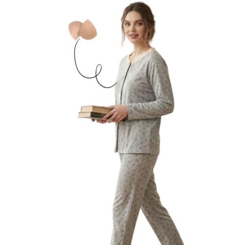 NoHook Korean Style Chest Padded Cotton Nightsuit for Women | Grey Floral Print Full Sleeve Nightwear Set | Soft Breathable Cotton Pajama Set with in-Built Bra Pads, S