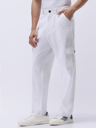 Urbano Fashion Men's White Loose Mid Rise Baggy Fit Cargo Jeans with 6 Pockets Non-Stretchable (jeanlscargo-white-30)