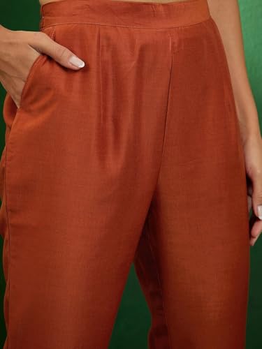 TRENDMALLS Women's Silk Embroidery A line Kurta Pant Set with Dupatta (G263-Orange-M-)