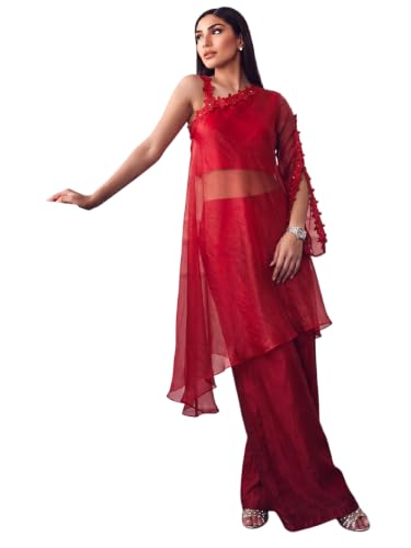 Varanga Women Ombre Red A Line Kurta Palazzos Set One Shoulder Sleeveless