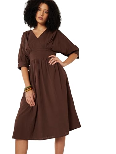 Max Women Textured A-line Midi Dress (Brown_XS)