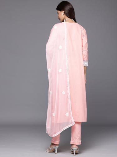 Varanga Women Peach Round Neck Chikankari Straight Kurta With Bottom And Dupatta